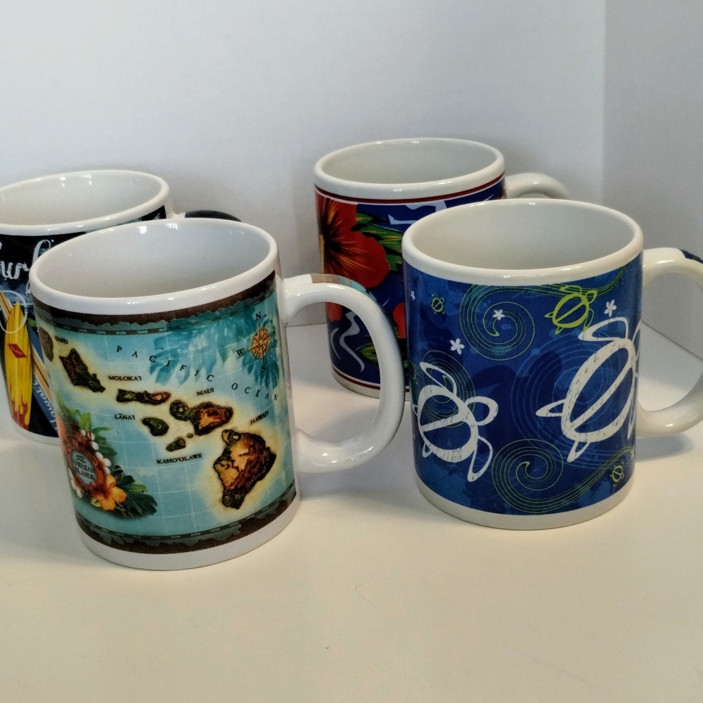 Set of 4 Hawaii/Surf/Beach Coffee Mugs 1997, 2010, 2013 & 2018 Island Designs